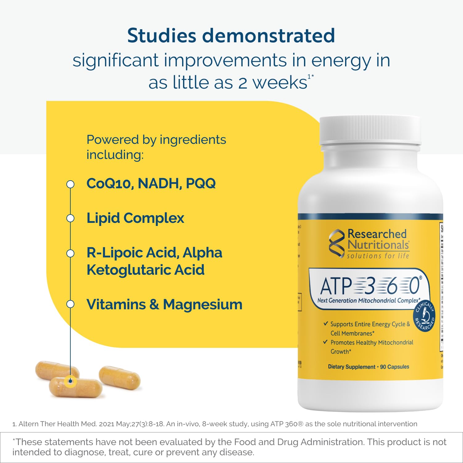 Researched Nutritionals ATP 360 cápsula junto a un plato que mejora absorción