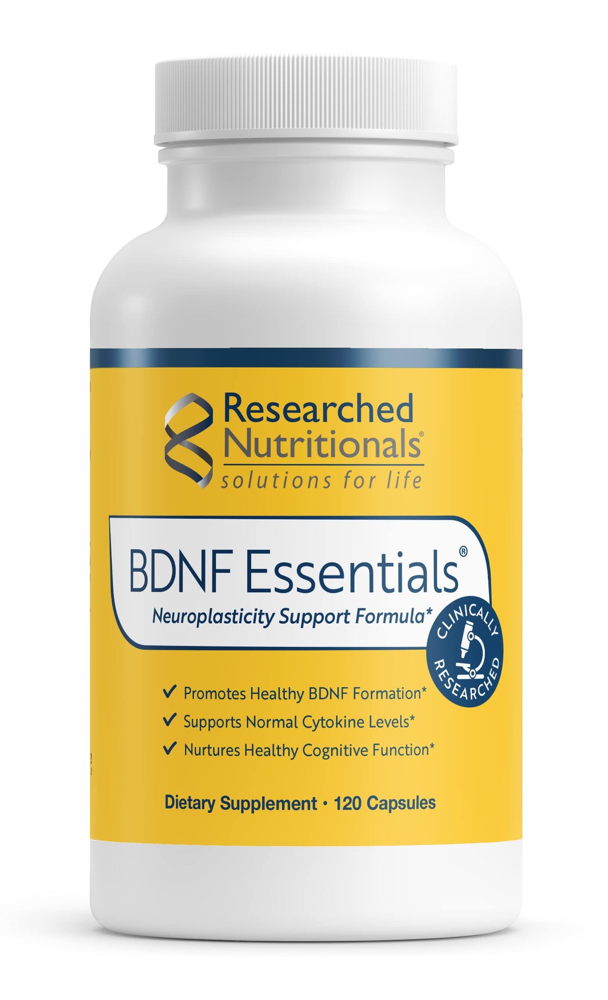 Researched Nutritionals frasco frontal mostrando diseño y claridad del producto