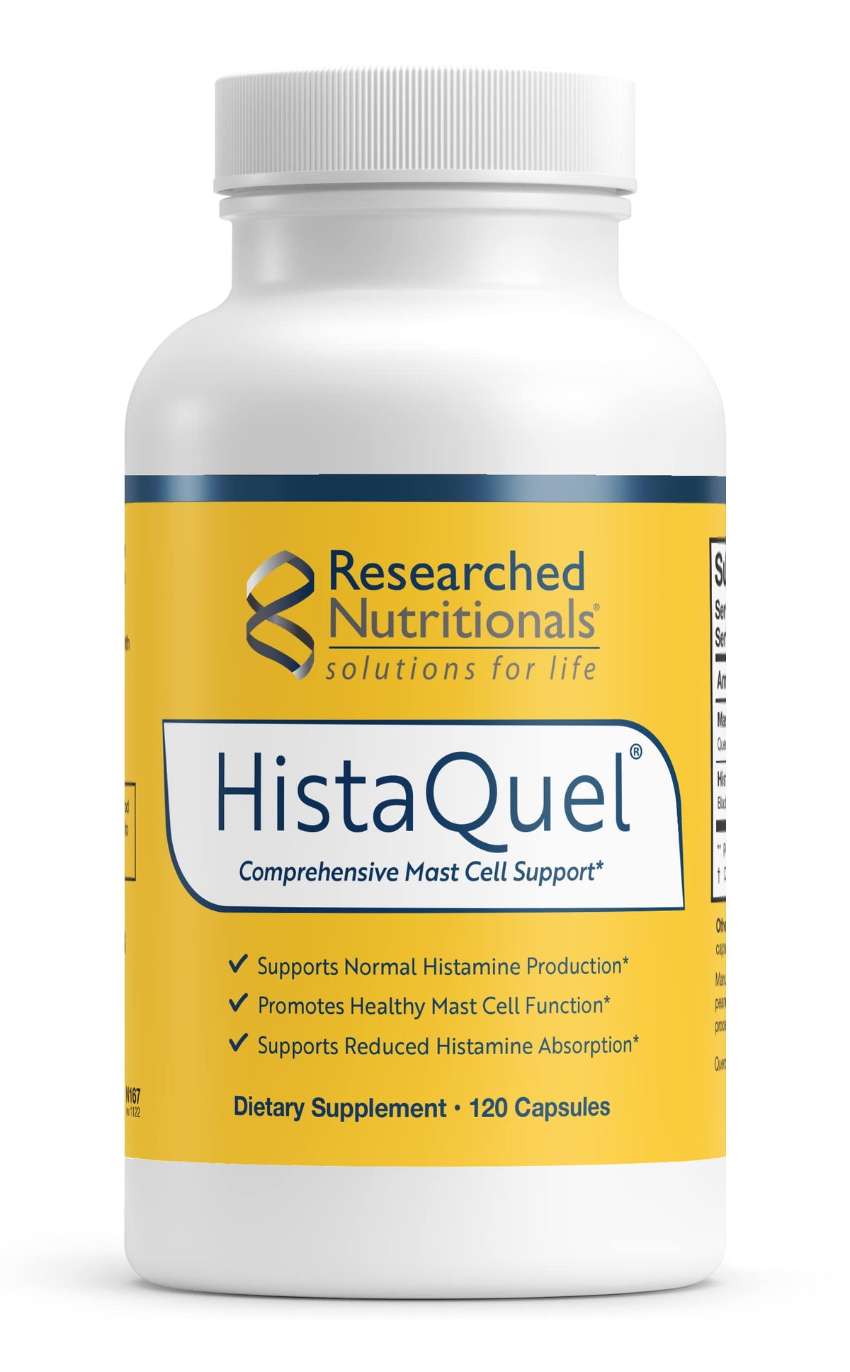 Researched Nutritionals frasco HistaQuel visto al frente, muestra claramente el envase y beneficios