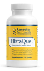Researched Nutritionals frasco HistaQuel visto al frente, muestra claramente el envase y beneficios