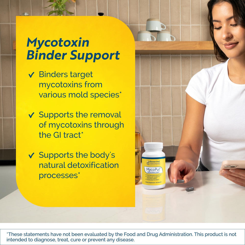 Researched Nutritionals MycoPul cápsula en primer plano para mostrar tamaño y facilidad