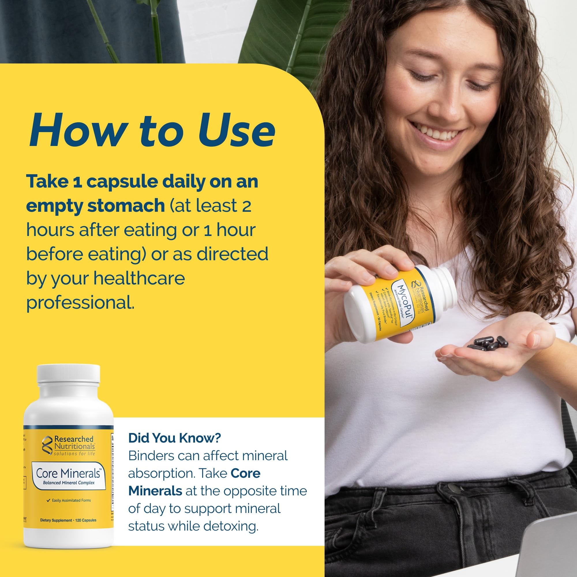 Researched Nutritionals MycoPul frasco abierto con pastillas para conveniencia diaria