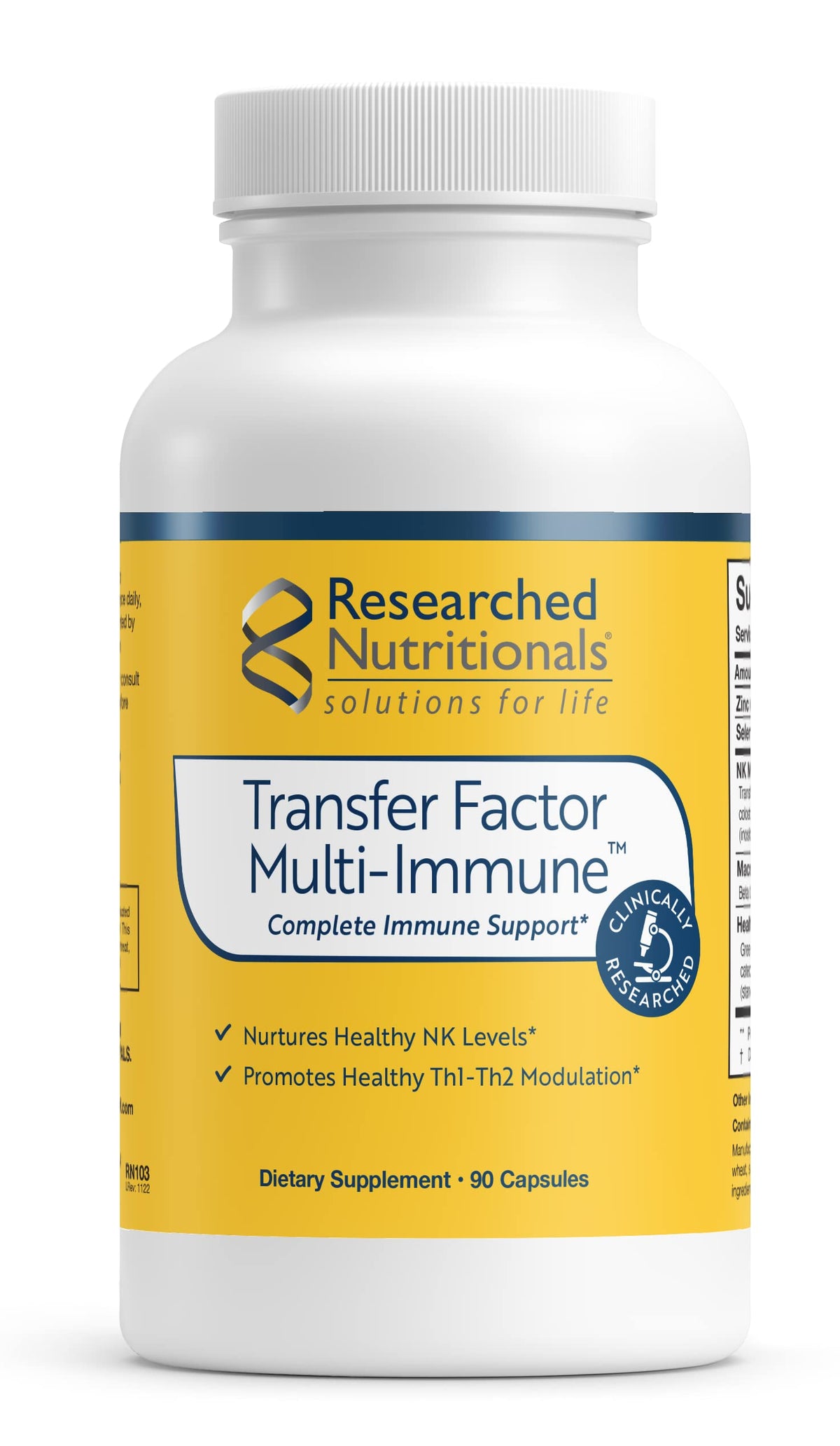 Researched Nutritionals frasco frontal mostrando etiqueta clara y beneficios