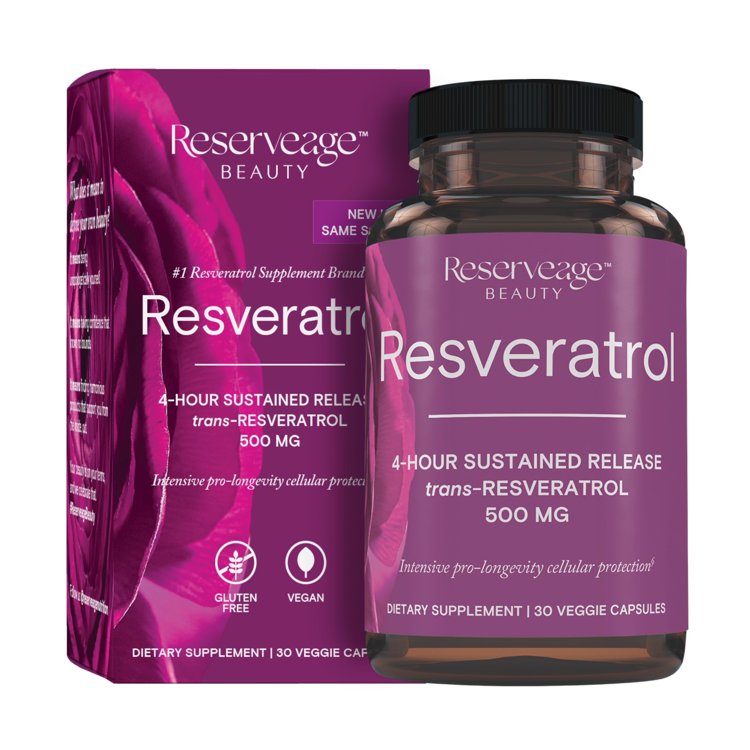 Reserveage Beauty frasco frontal mostrando etiqueta clara y beneficios