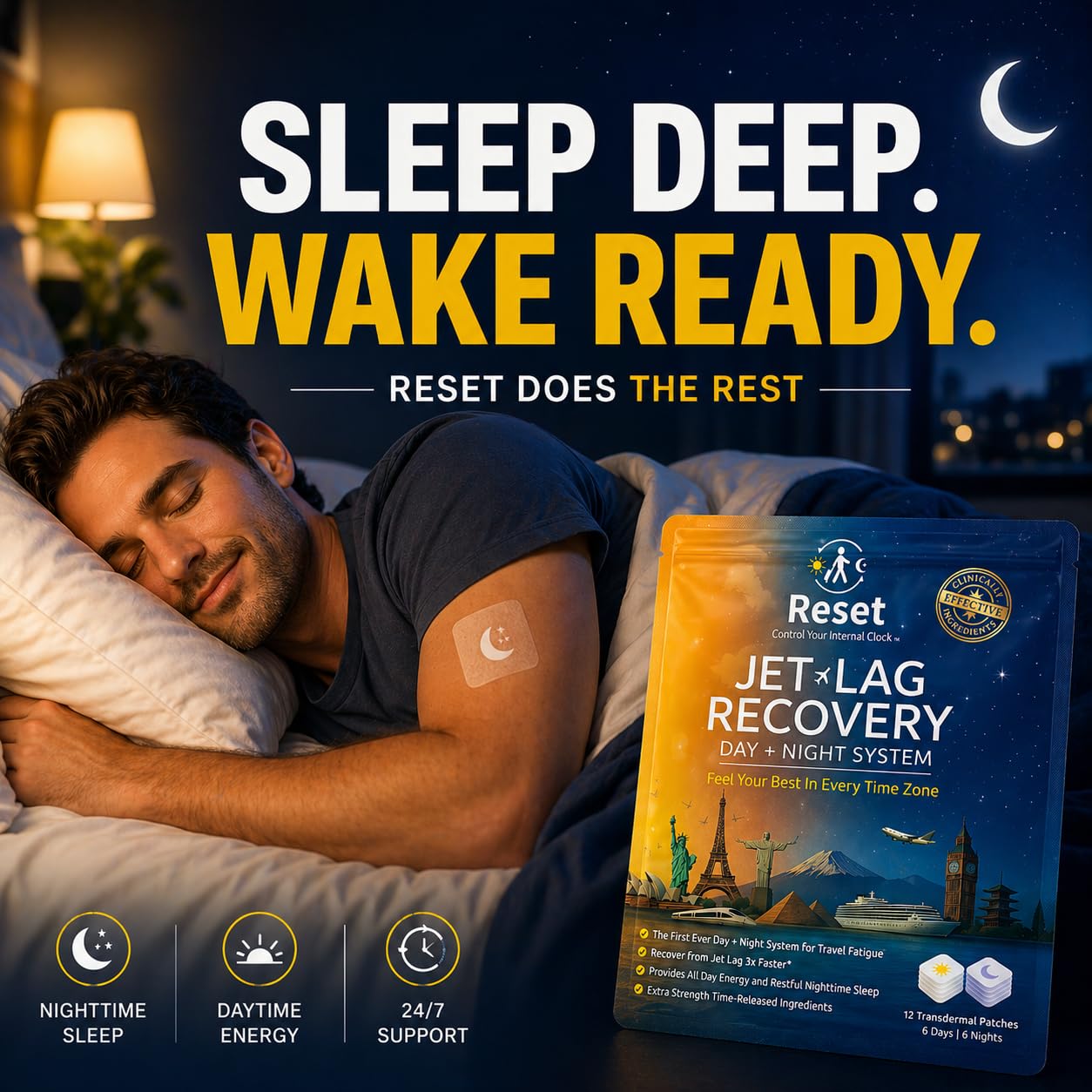 Reset Jet Lag Recovery Patch escena de viajero relajado tras usar el sistema