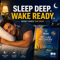 Reset Jet Lag Recovery Patch escena de viajero relajado tras usar el sistema