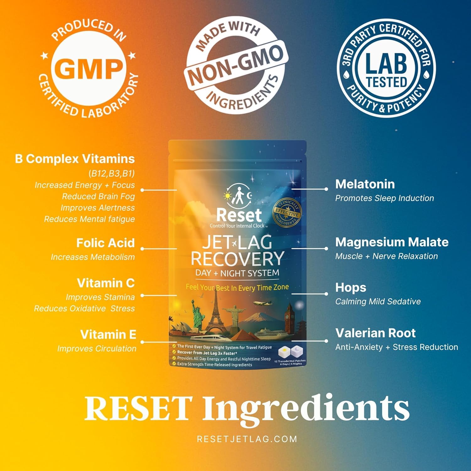 Reset Jet Lag Recovery Patch etiqueta con ingredientes destacando melatonina y vitaminas