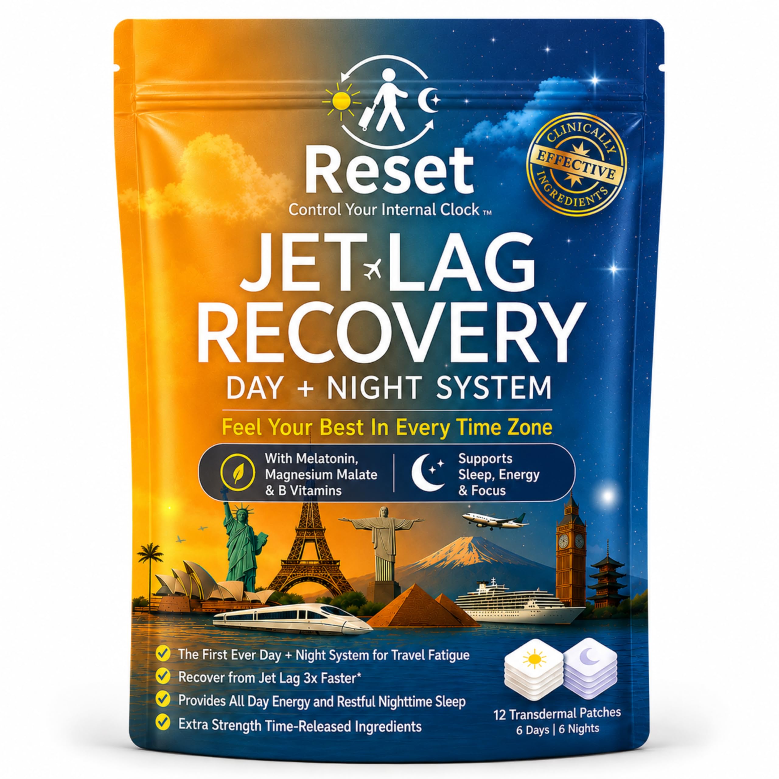 Reset Jet Lag Recovery Patch paquete frontal mostrando formato de viaje y portabilidad