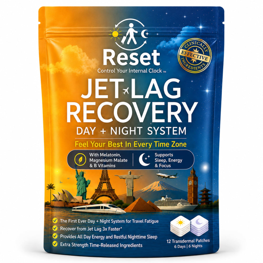 Reset Jet Lag Recovery Patch paquete frontal mostrando formato de viaje y portabilidad