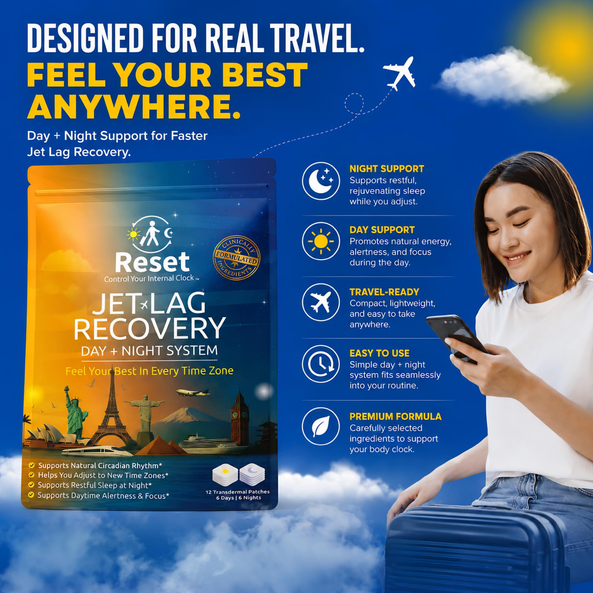 Reset Jet Lag Recovery Patch sobres resellables con 12 parches para llevar fácilmente