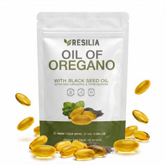 Resilia Oil Of Oregano vista frontal del empaque mostrando el producto y conveniencia