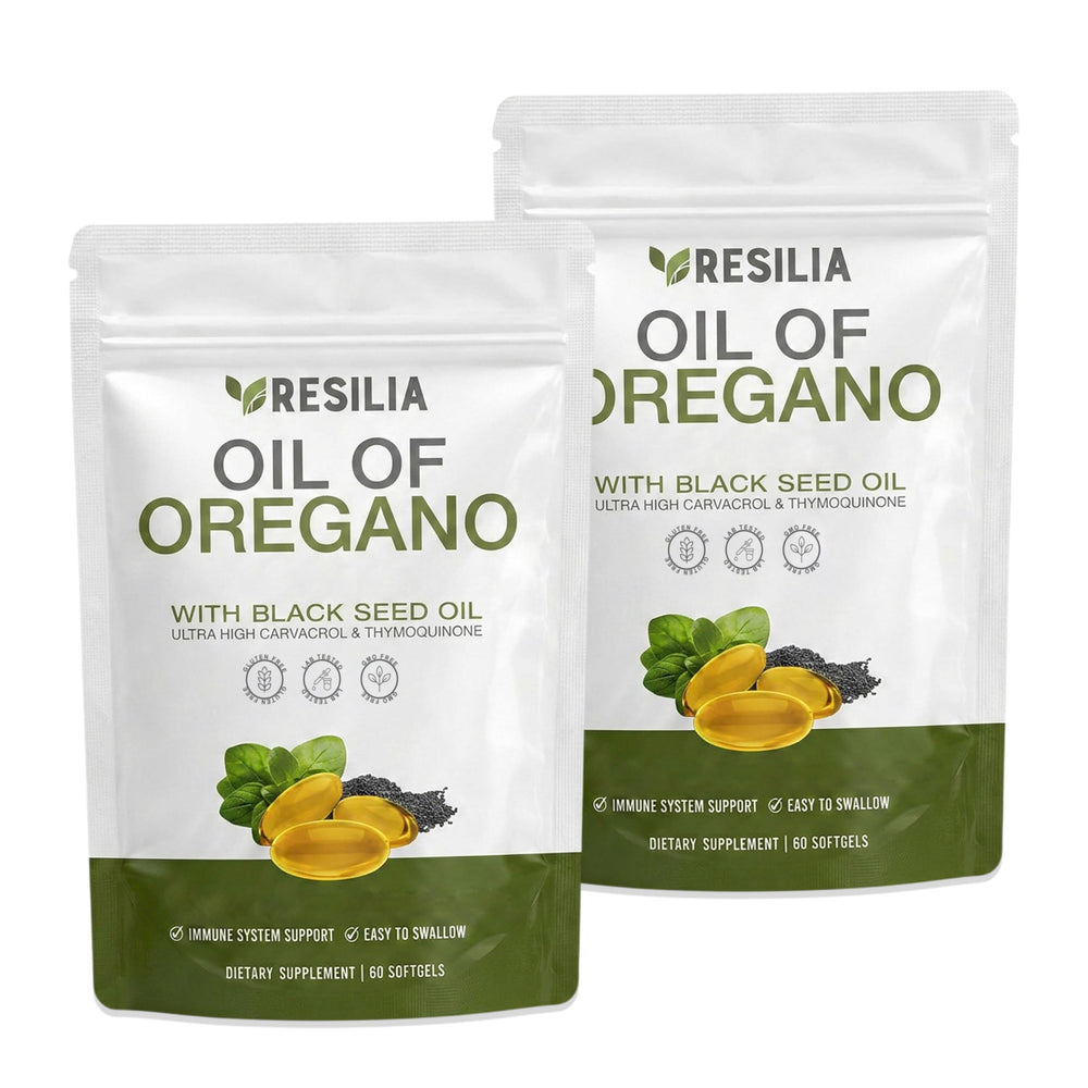 Resilia Oil Of Oregano frontal del envase mostrando diseño y cantidad