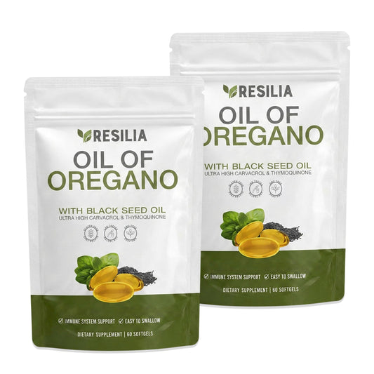 Resilia Oil Of Oregano frontal del envase mostrando diseño y cantidad