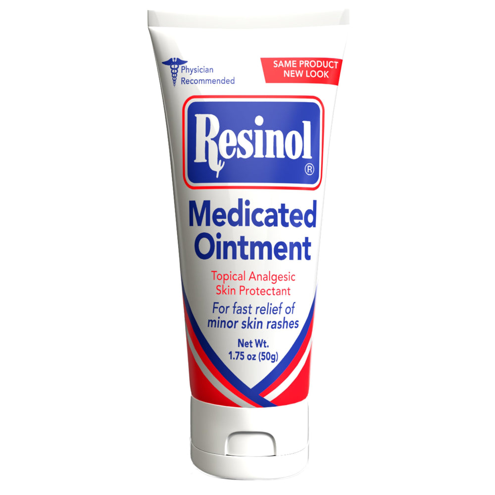 Resinol frente del tubo mostrando tamaño y marca, alivio portátil