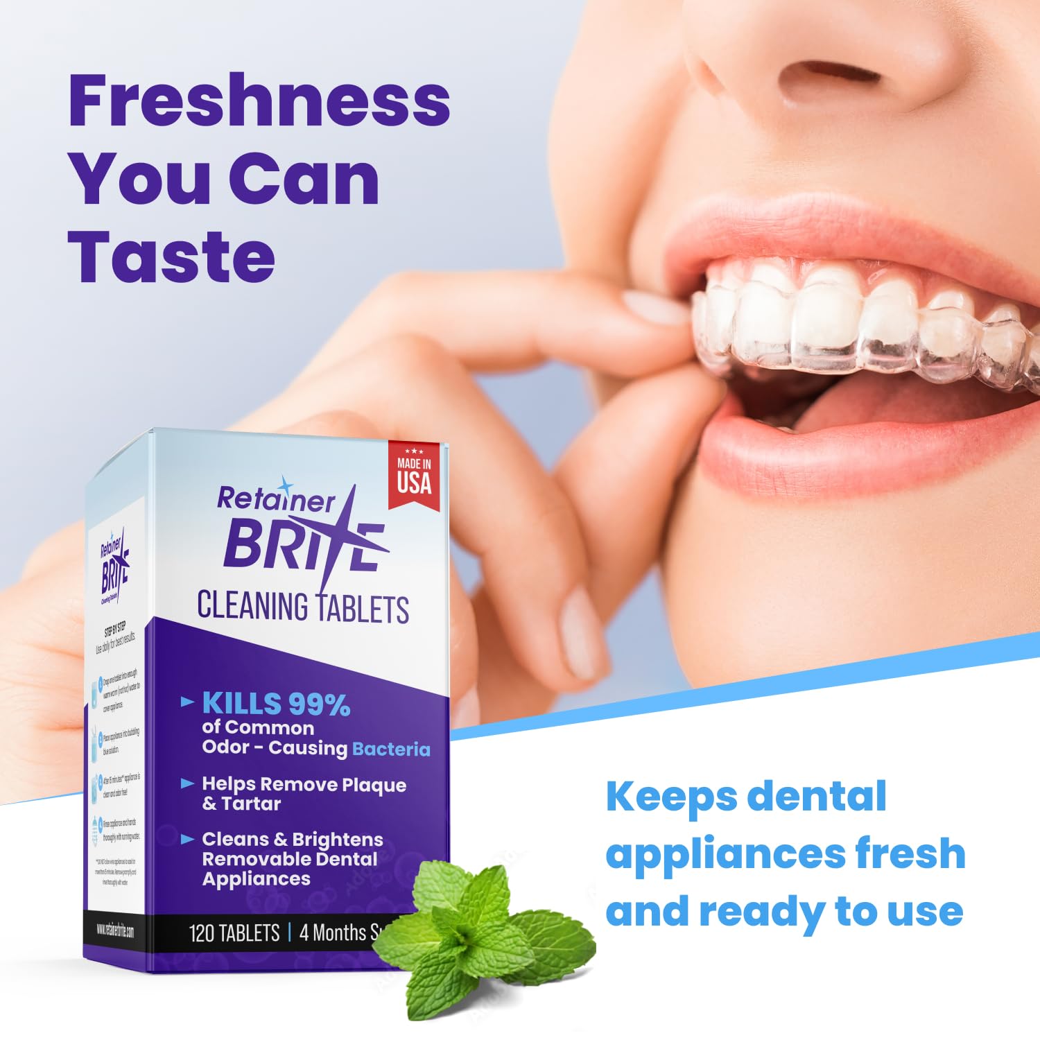 Retainer Brite etiqueta con instrucciones claras para uso seguro y sencillo