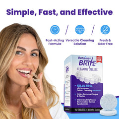 Retainer Brite etiqueta con certificaciones FDA y fabricación en Estados Unidos