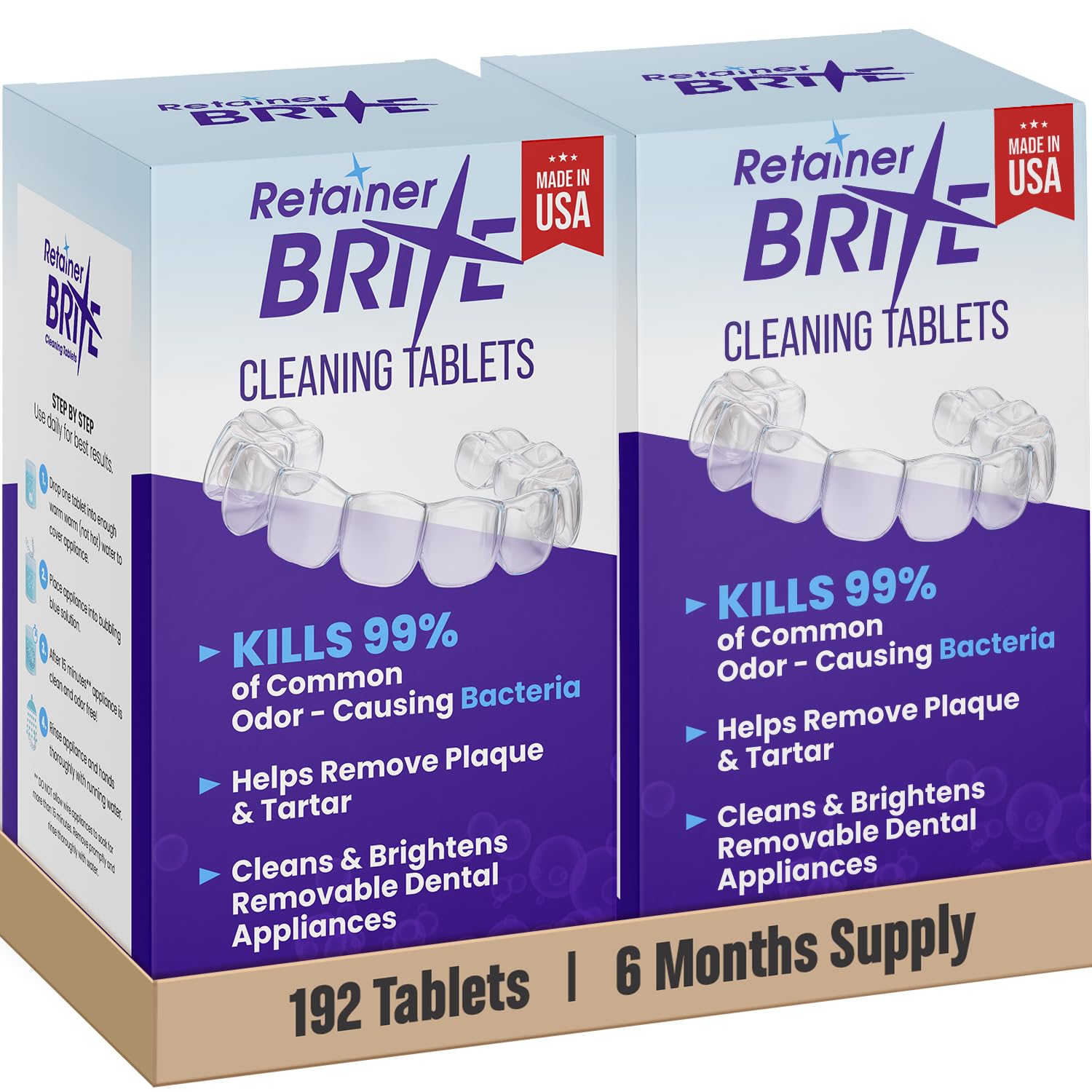 Retainer Brite frente del empaque mostrando 192 tabletas y duración de seis meses