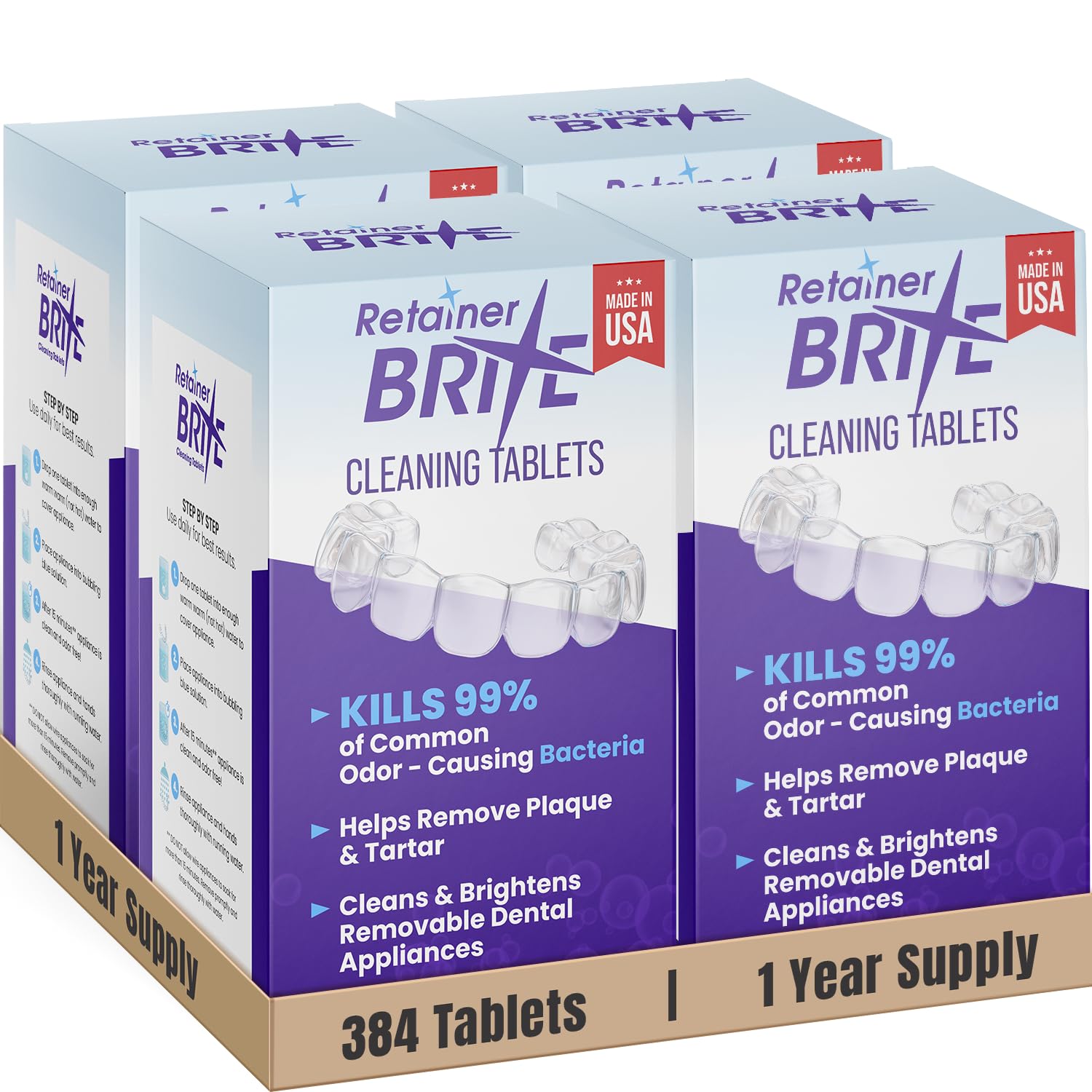Retainer Brite frente del empaque mostrando 384 tabletas y marca limpia