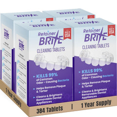 Retainer Brite frente del empaque mostrando 384 tabletas y marca limpia