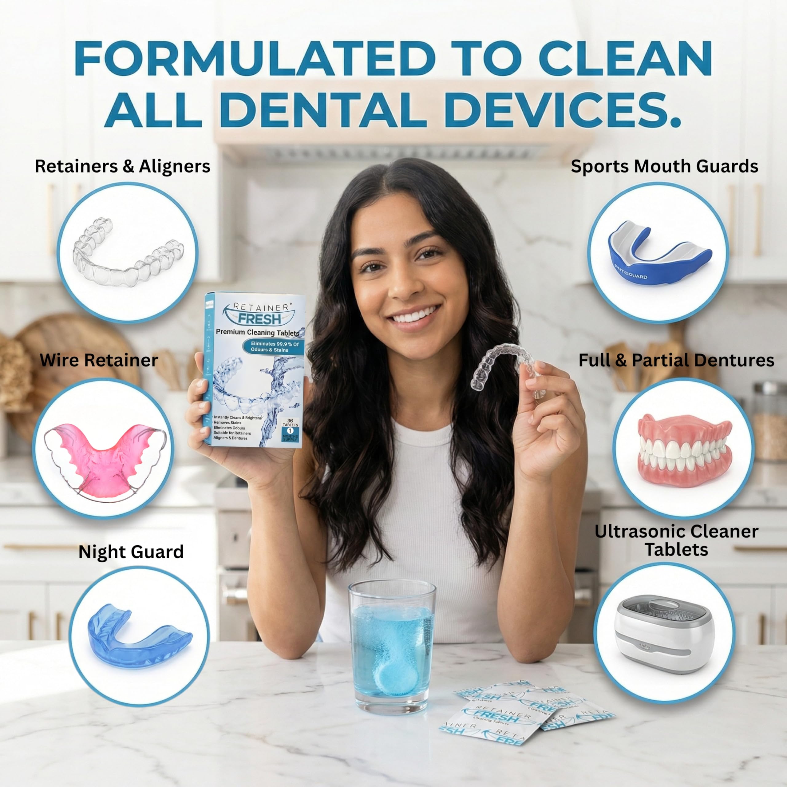 Retainer Fresh retenedor sumergido en baño con pastilla para limpieza profunda