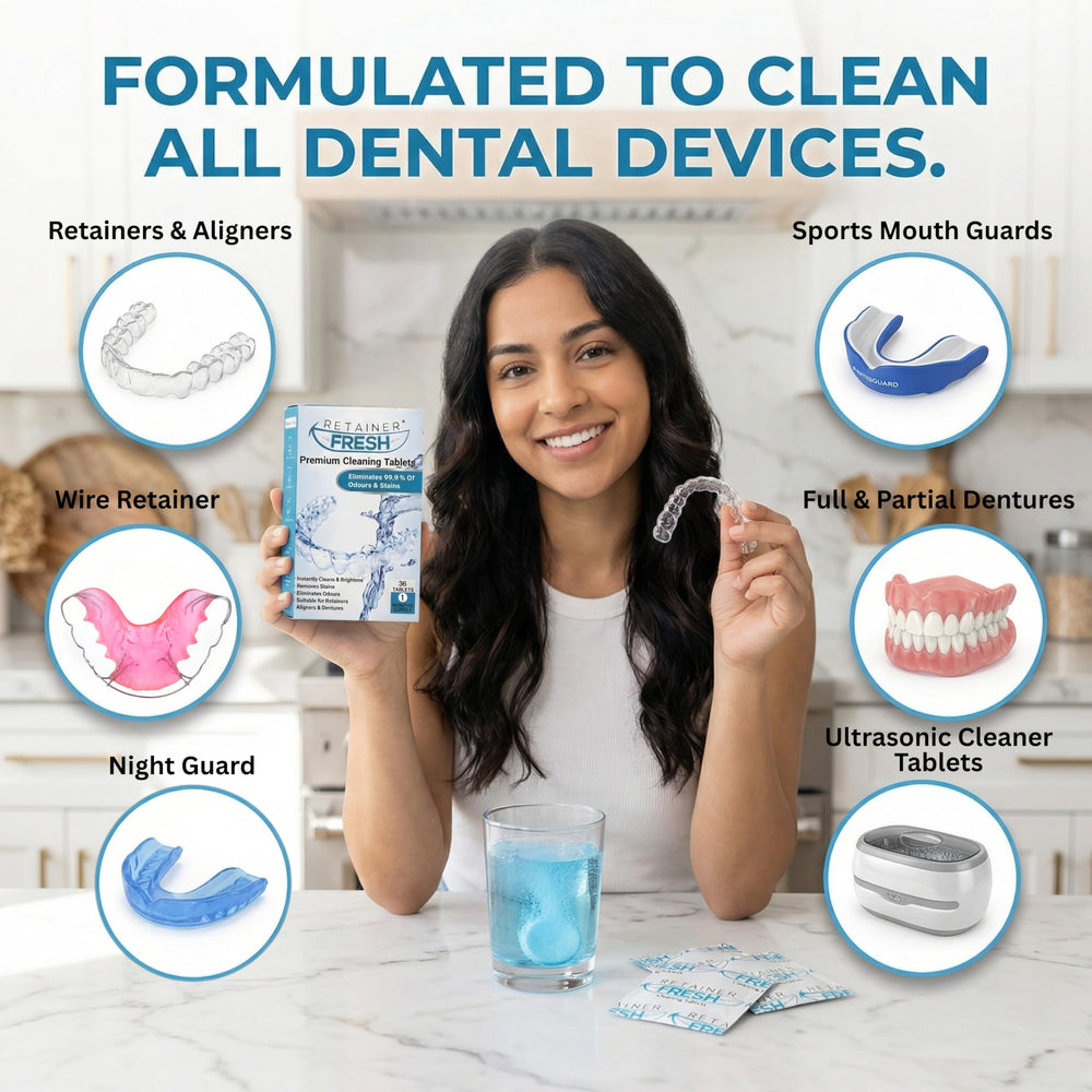 Retainer Fresh retenedor sumergido en baño con pastilla para limpieza profunda
