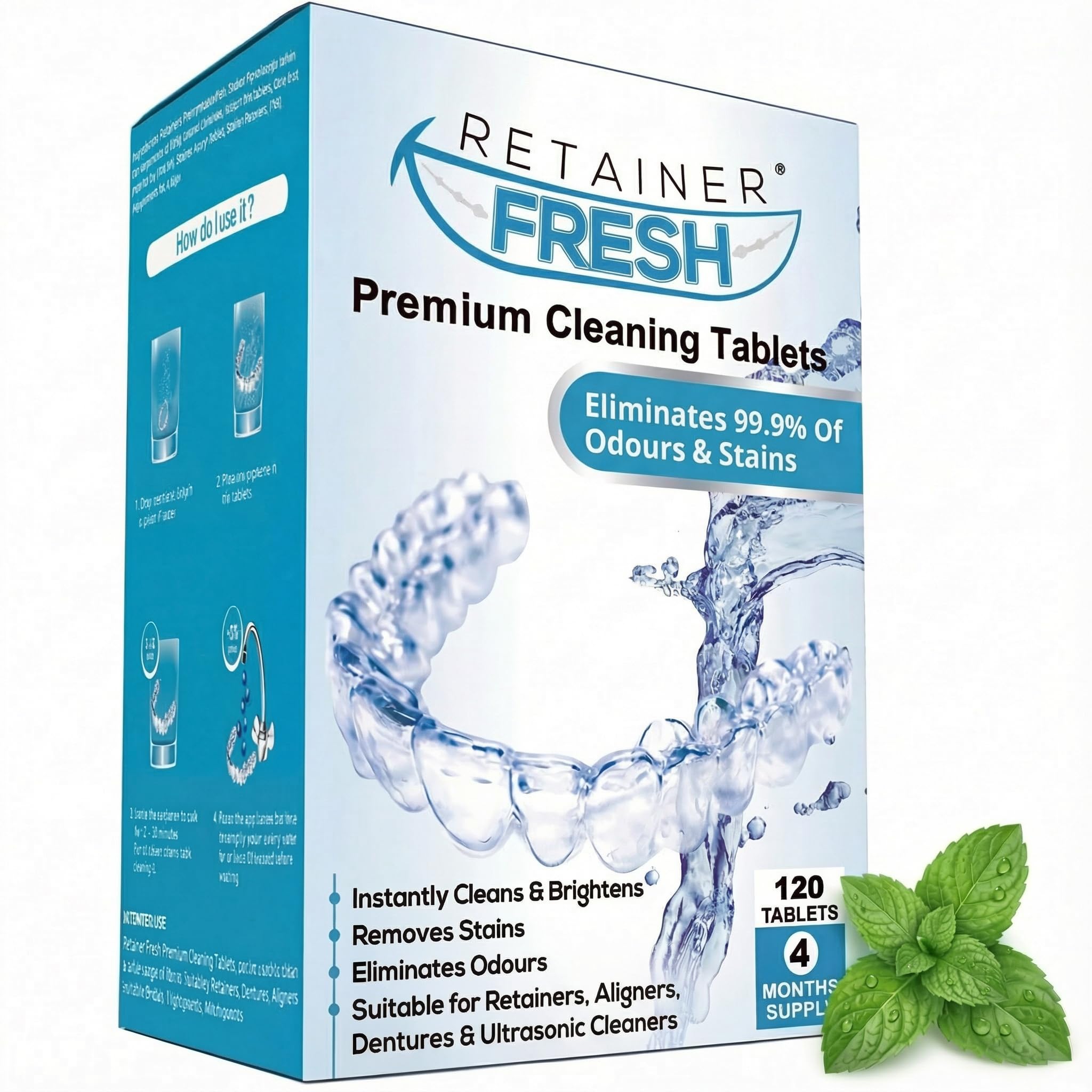 Retainer Fresh frontal del envase mostrando 120 tabletas y claridad
