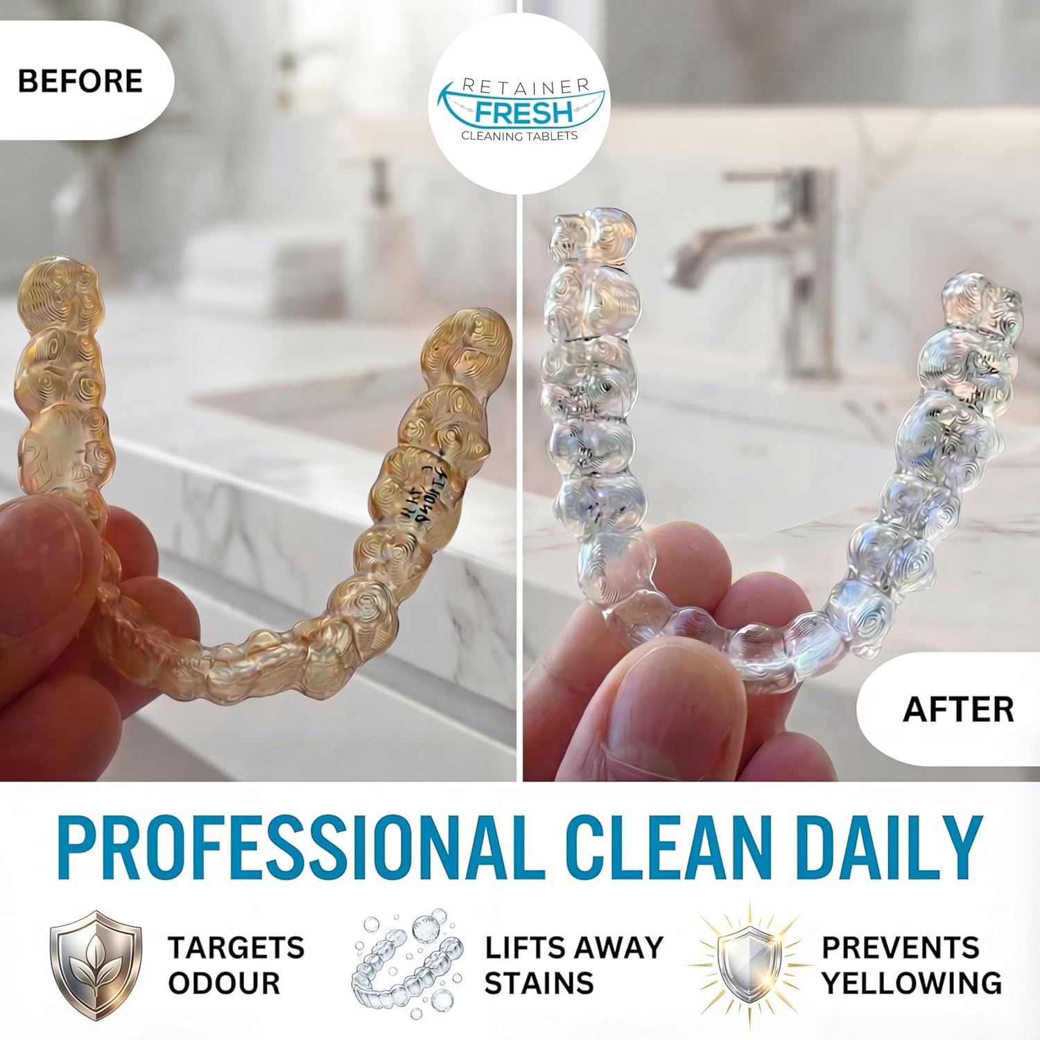 Retainer Fresh pastillas en primer plano con textura efervescente visible