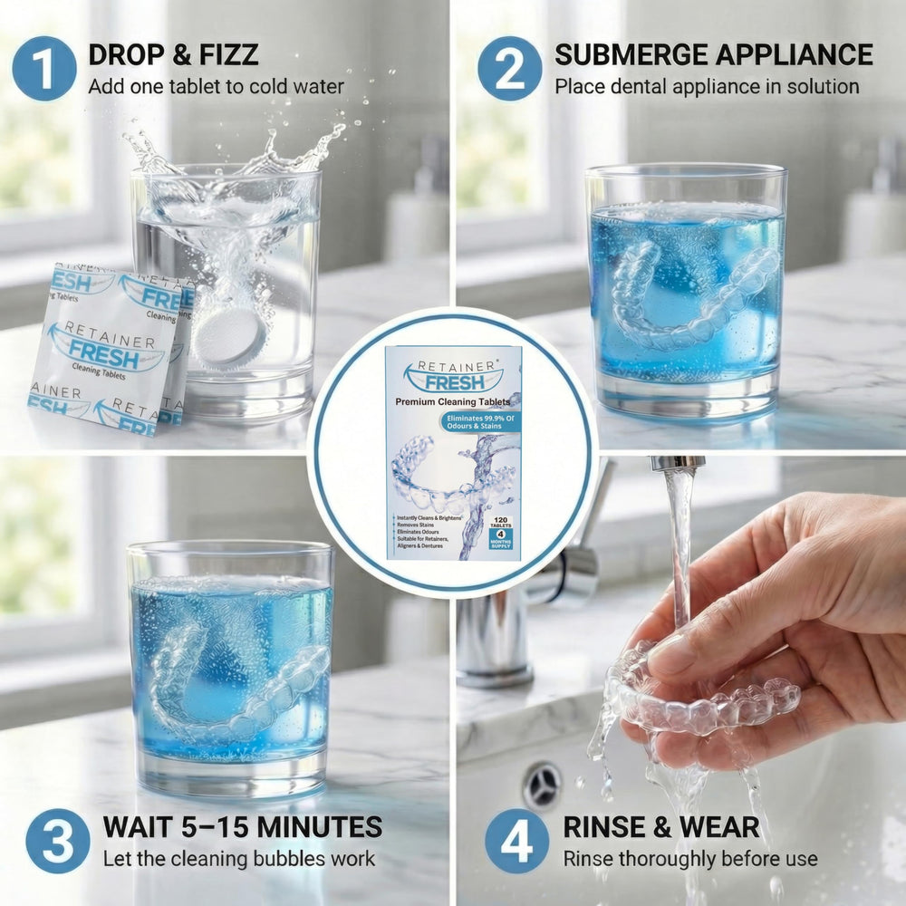 Retainer Fresh envase abierto mostrando 120 pastillas y duración aproximada