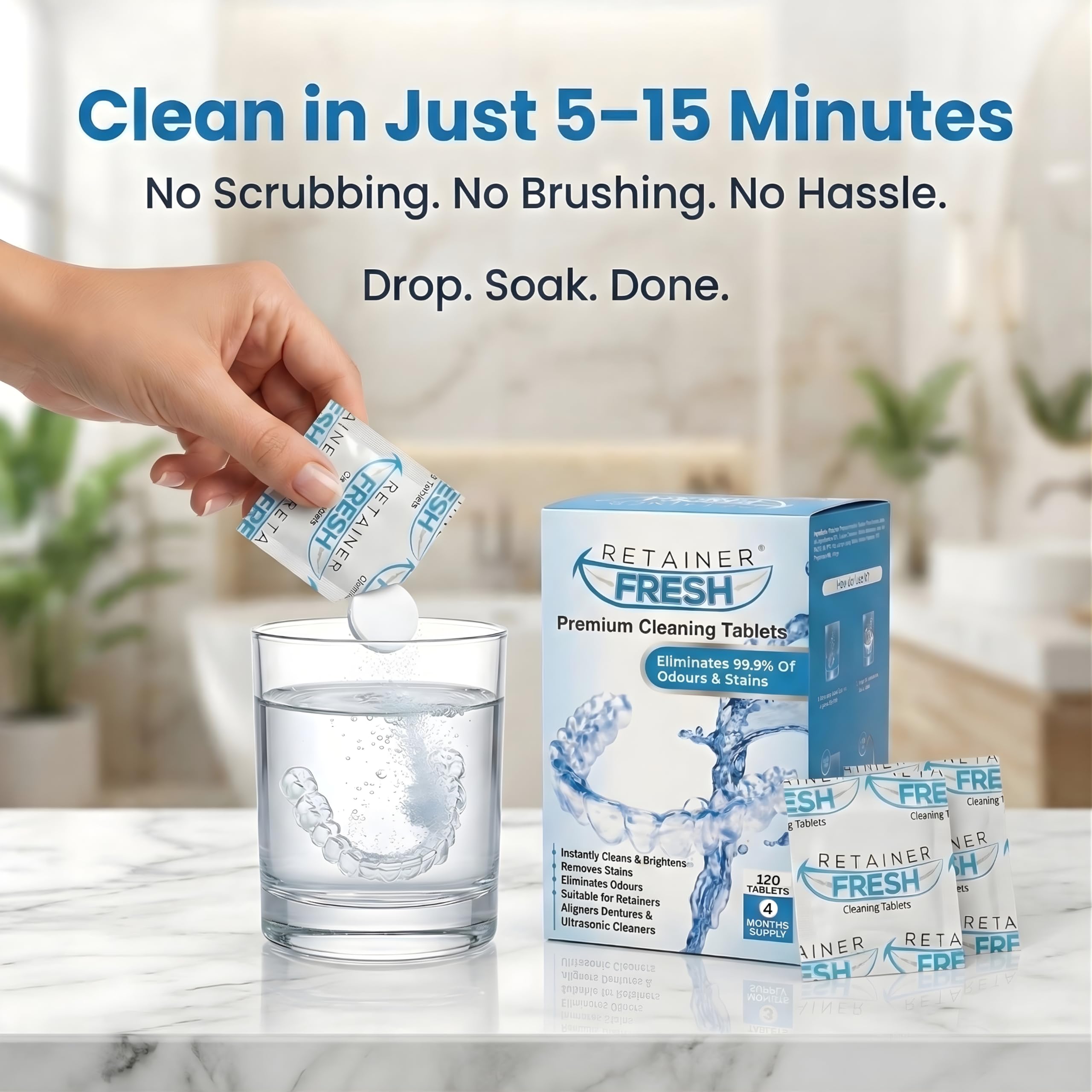 Retainer Fresh superficie de retenedor tras limpieza brillante y sin manchas