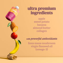 Ingredientes enteros de Reup sobre mesa: manzana, batata, plátano y almendra