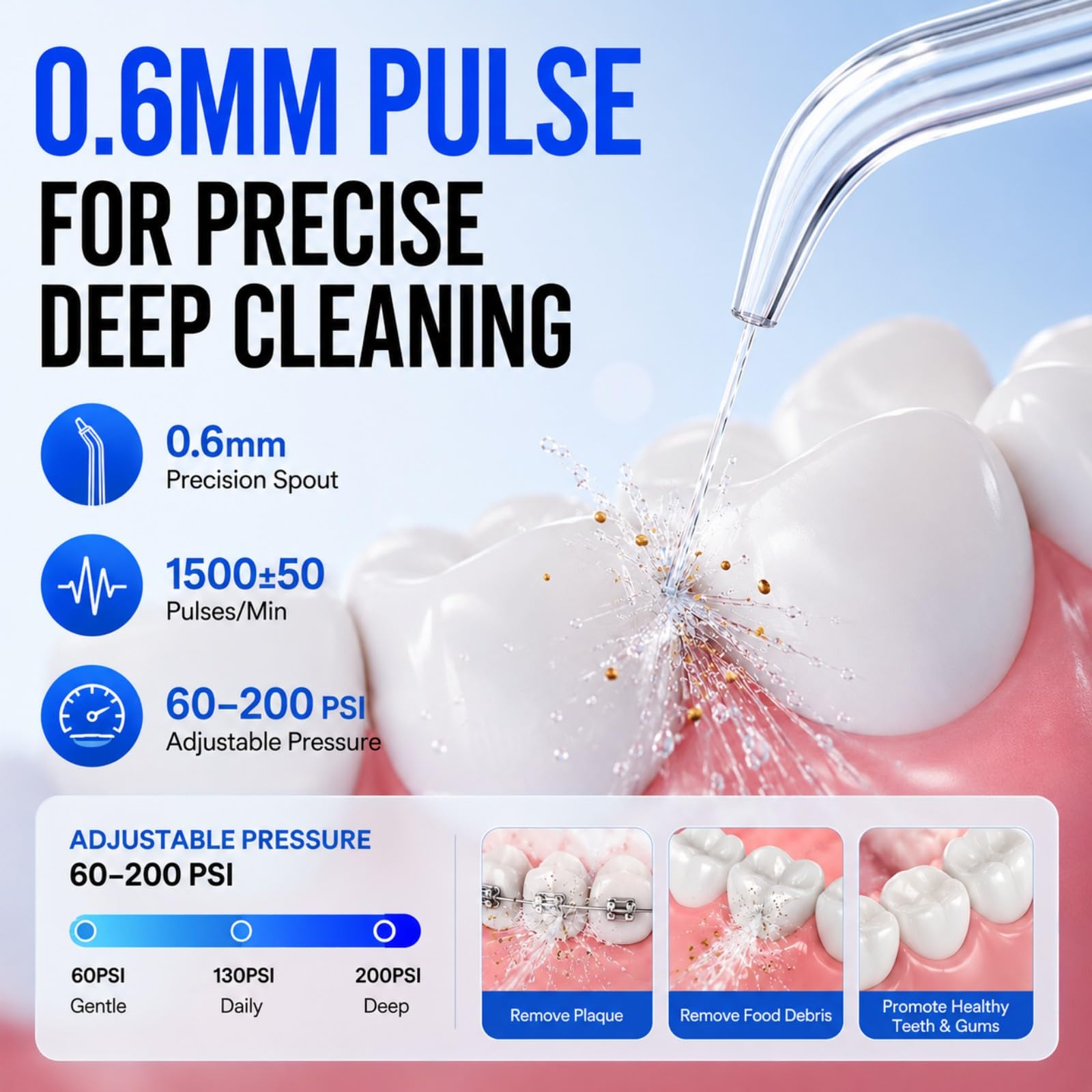 Reure primer plano de la boquilla 0,6 mm mostrando precisión para limpieza interdental