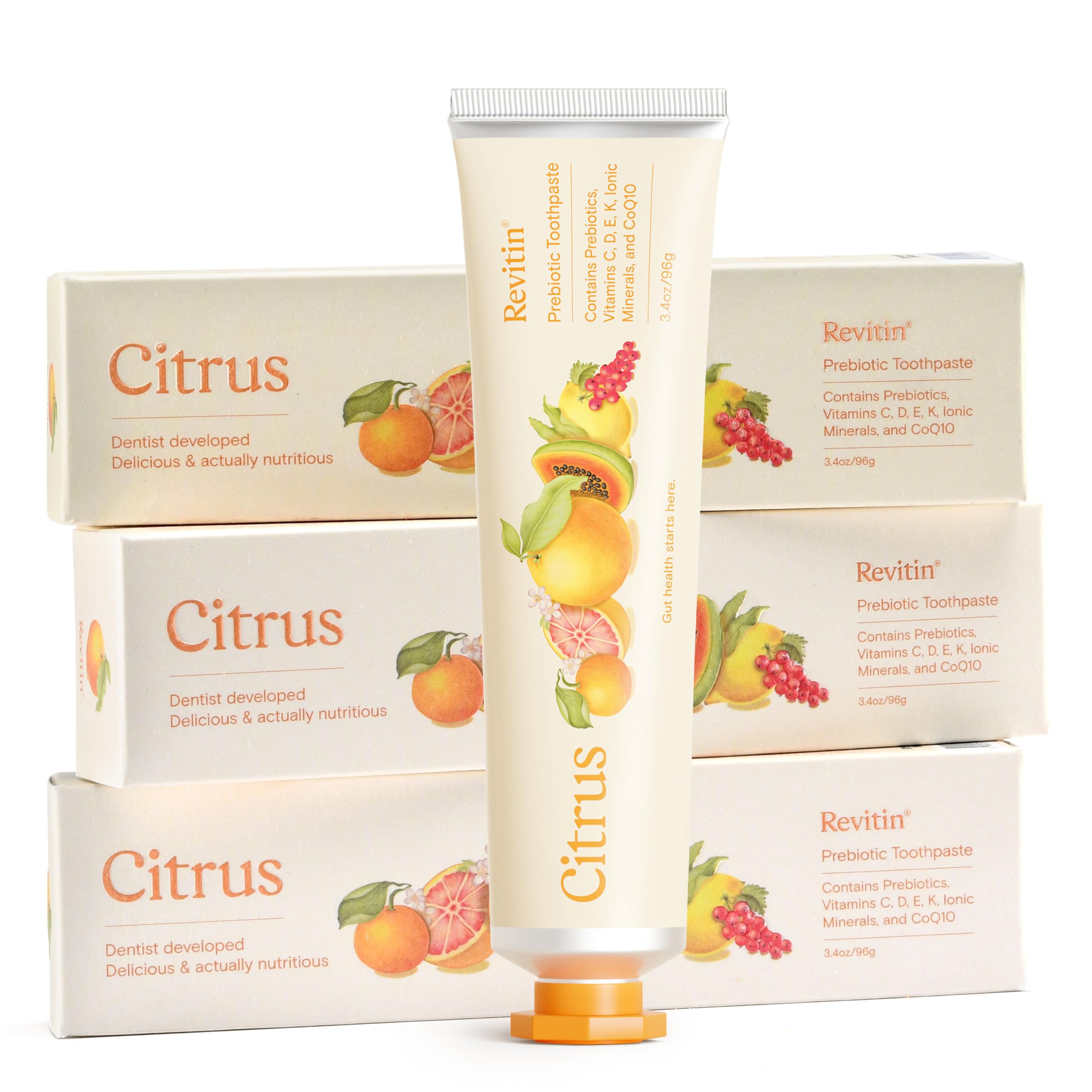 Revitin pack de 3 tubos frontales mostrando el empaque y beneficio familiar