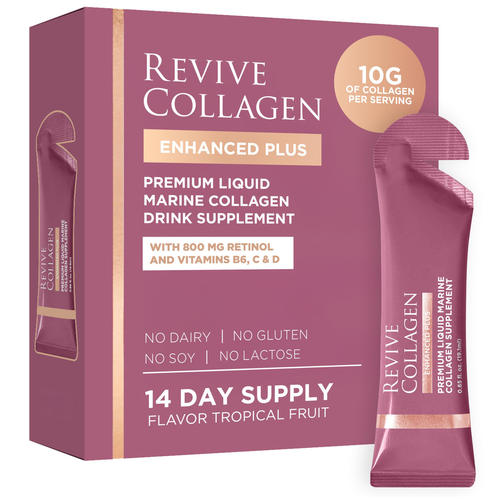 Revive Collagen frente del empaque mostrando 14 tomas y sabor tropical beneficio de conveniencia