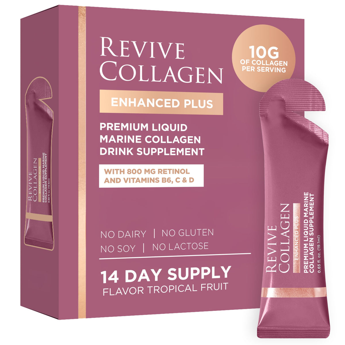 Revive Collagen frente del empaque mostrando 14 tomas y sabor tropical beneficio de conveniencia