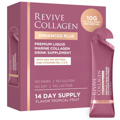 Revive Collagen frente del empaque mostrando 14 tomas y sabor tropical beneficio de conveniencia