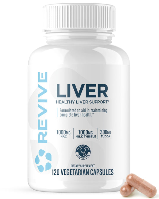 Frasco frontal de Revive MD Liver Cleanse mostrando el envase y beneficios clave