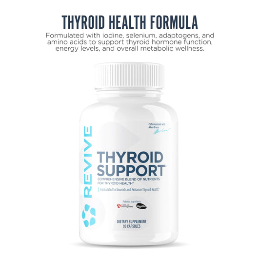 Revive MD botella tiroides: presentación clara para suplemento diario.