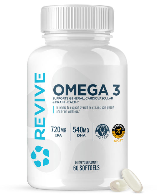 Revive MD frasco frontal que muestra 120 softgels y claridad del producto