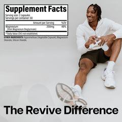 Revive MD Pure Magnesium Glycinate 200mg capsules close-up shows easy-to-swallow daily support.