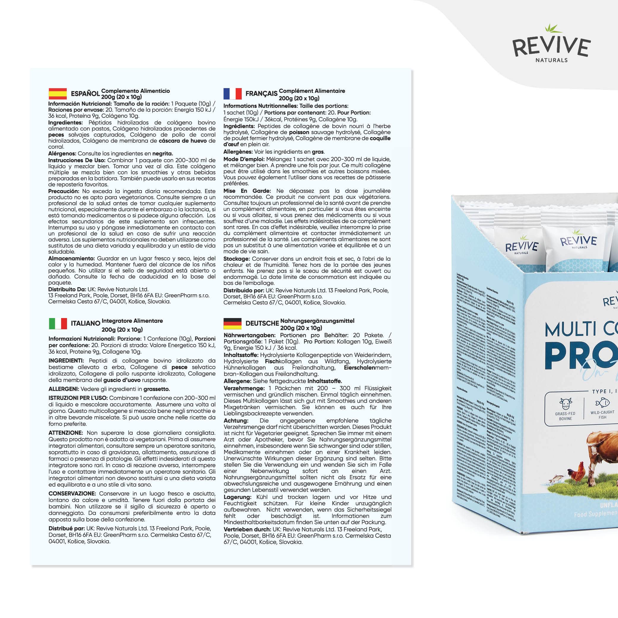 Revive Naturals etiqueta nutricional legible mostrando 10 g proteína por sobre