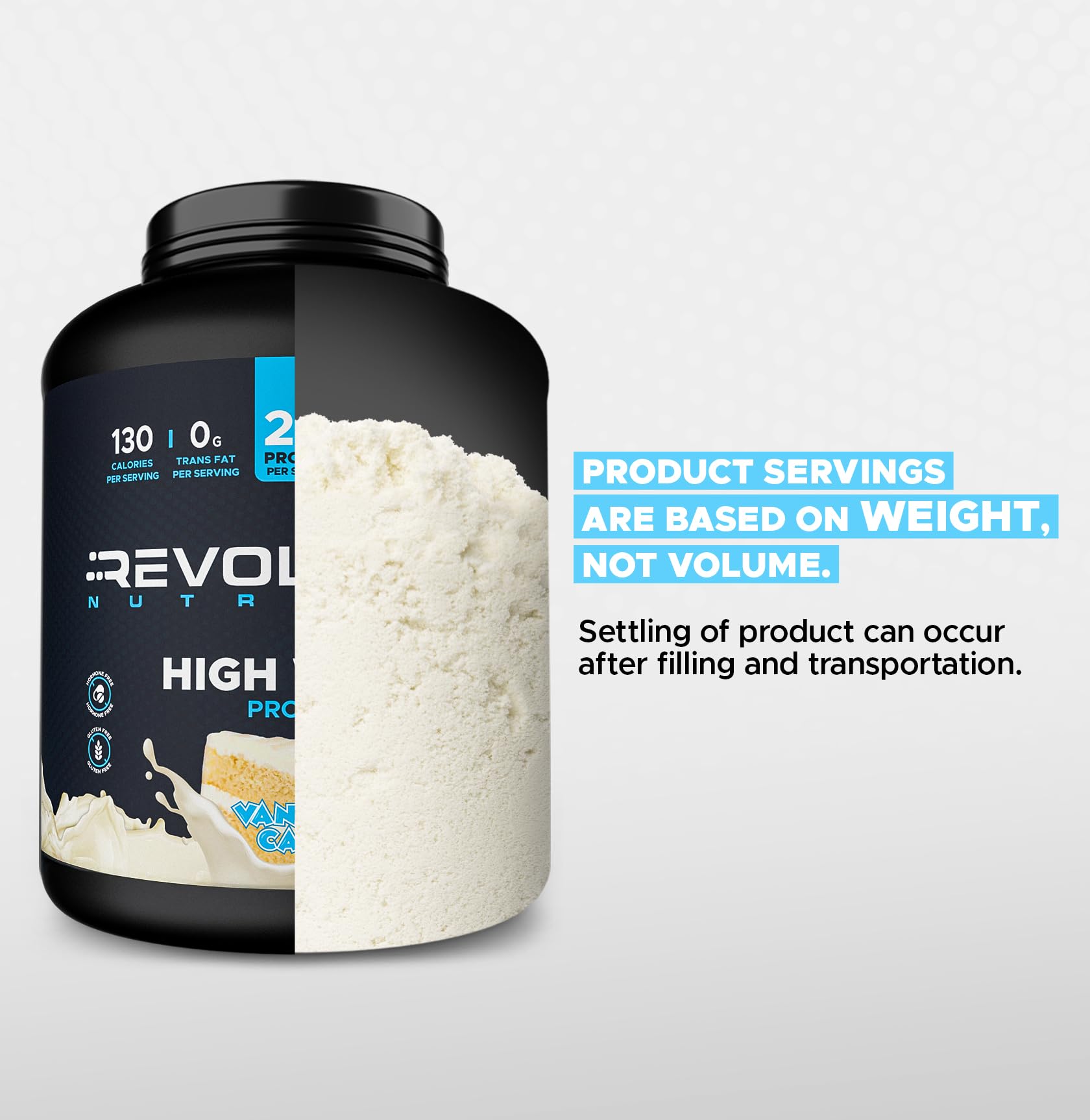 Revolution Nutrition comparación de tamaño y 73 servicios por envase práctico