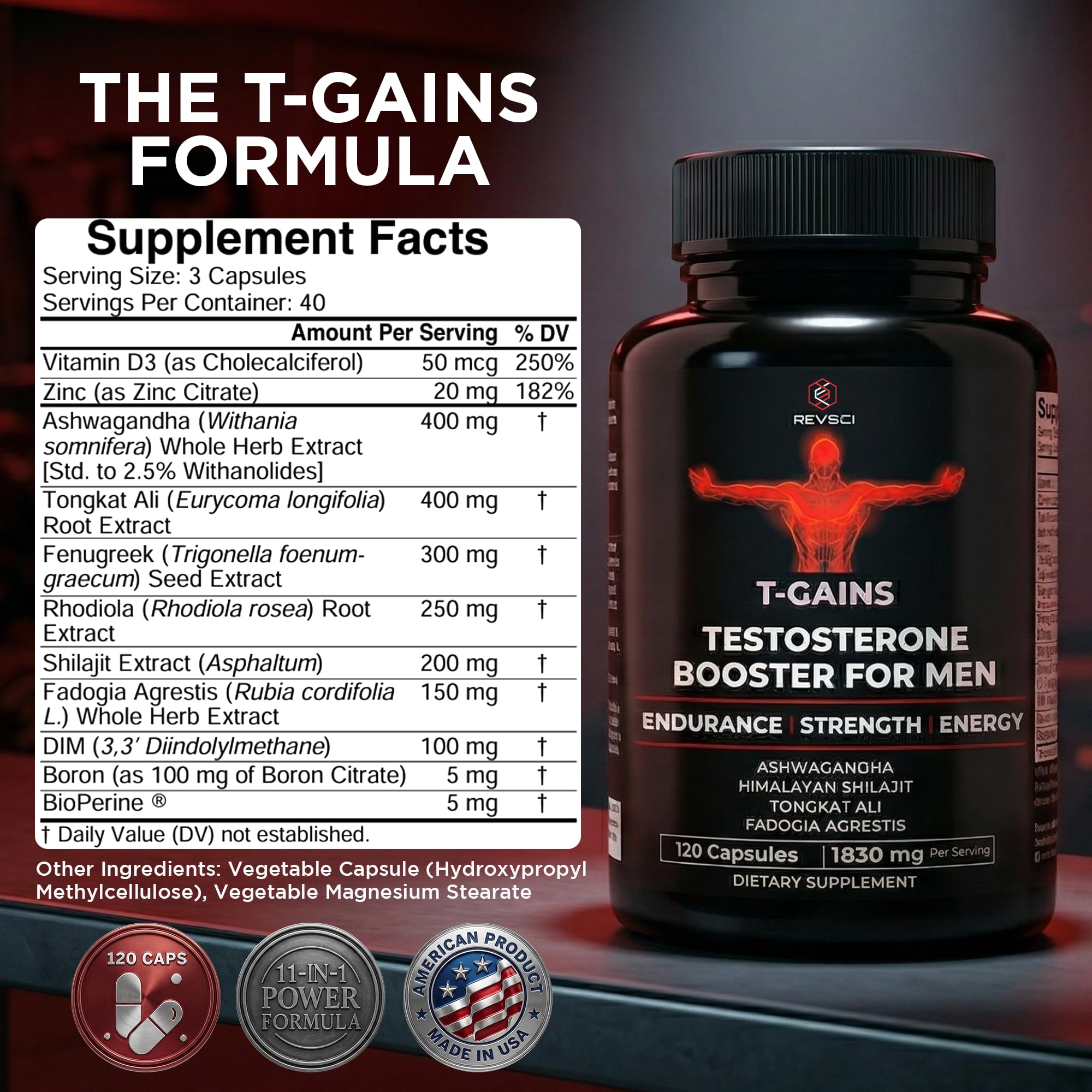 Revolution Science T-GAINS botella junto a una regla para comparar tamaño y cantidad