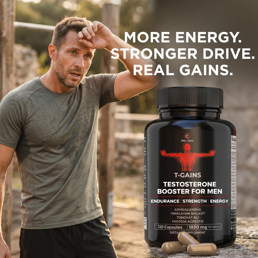 Revolution Science T-GAINS detalle de ingredientes clave para fuerza y energía