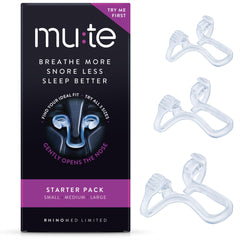 Rhinomed Mute frontal del empaque mostrando pack Starter y tallas