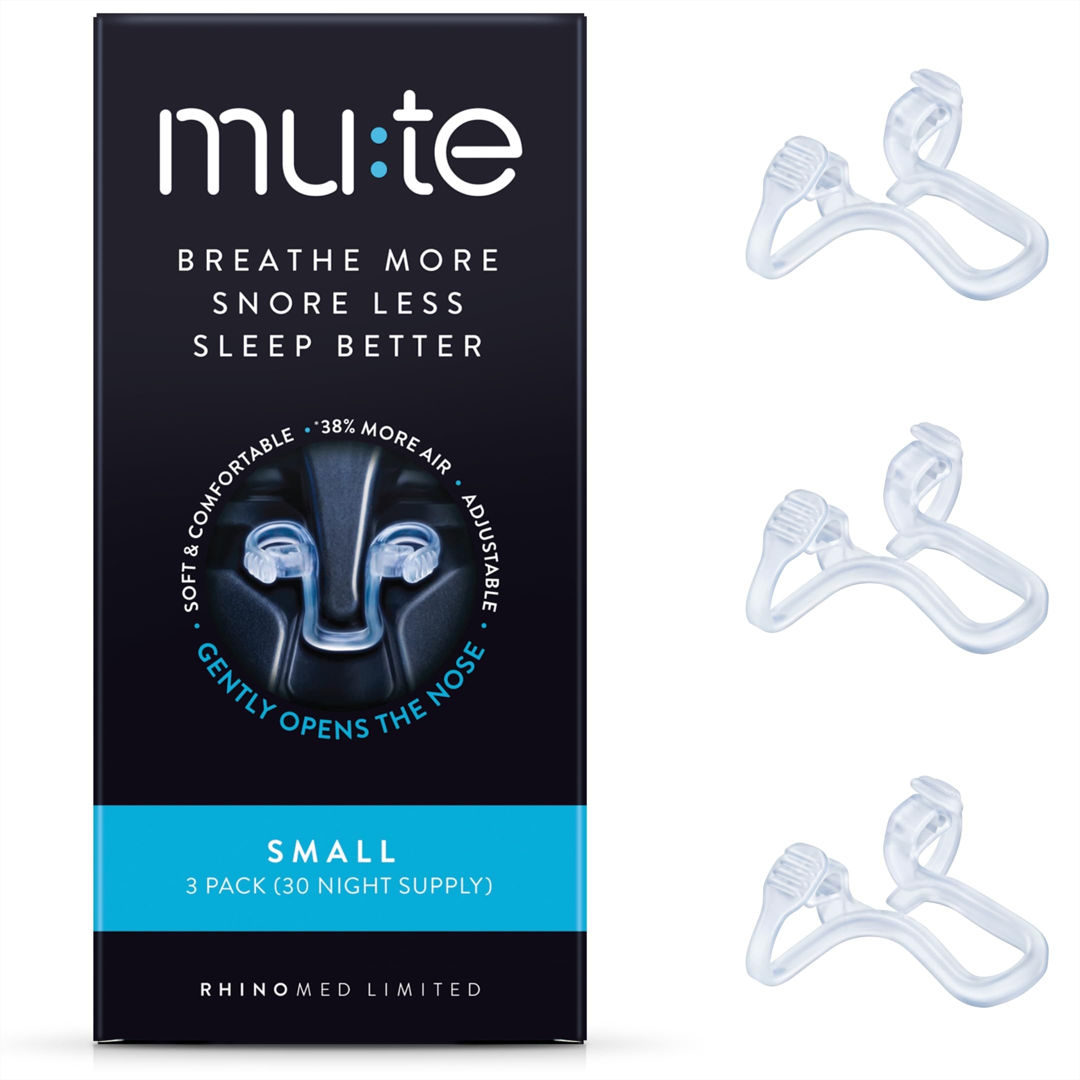 Rhinomed Mute vista frontal del pack, discreción y diseño translúcido