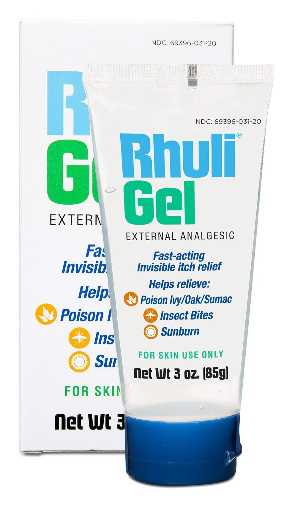 Rhuli gel tubo frontal mostrando diseño y tamaño para alivio rápido