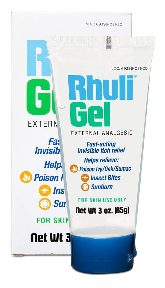 Rhuli gel tubo frontal mostrando diseño y tamaño para alivio rápido