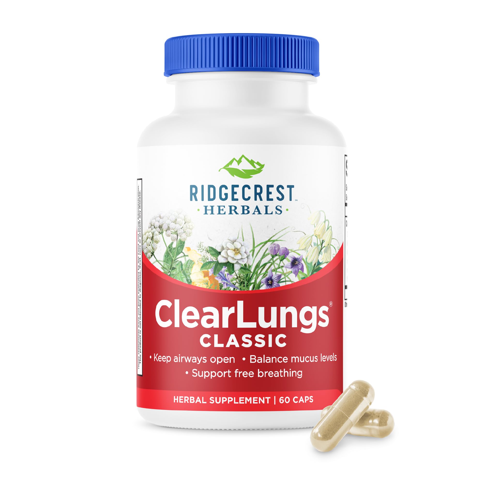 RidgeCrest Herbals envase frontal mostrando nombre y 60 cápsulas, beneficio claridad respiratoria