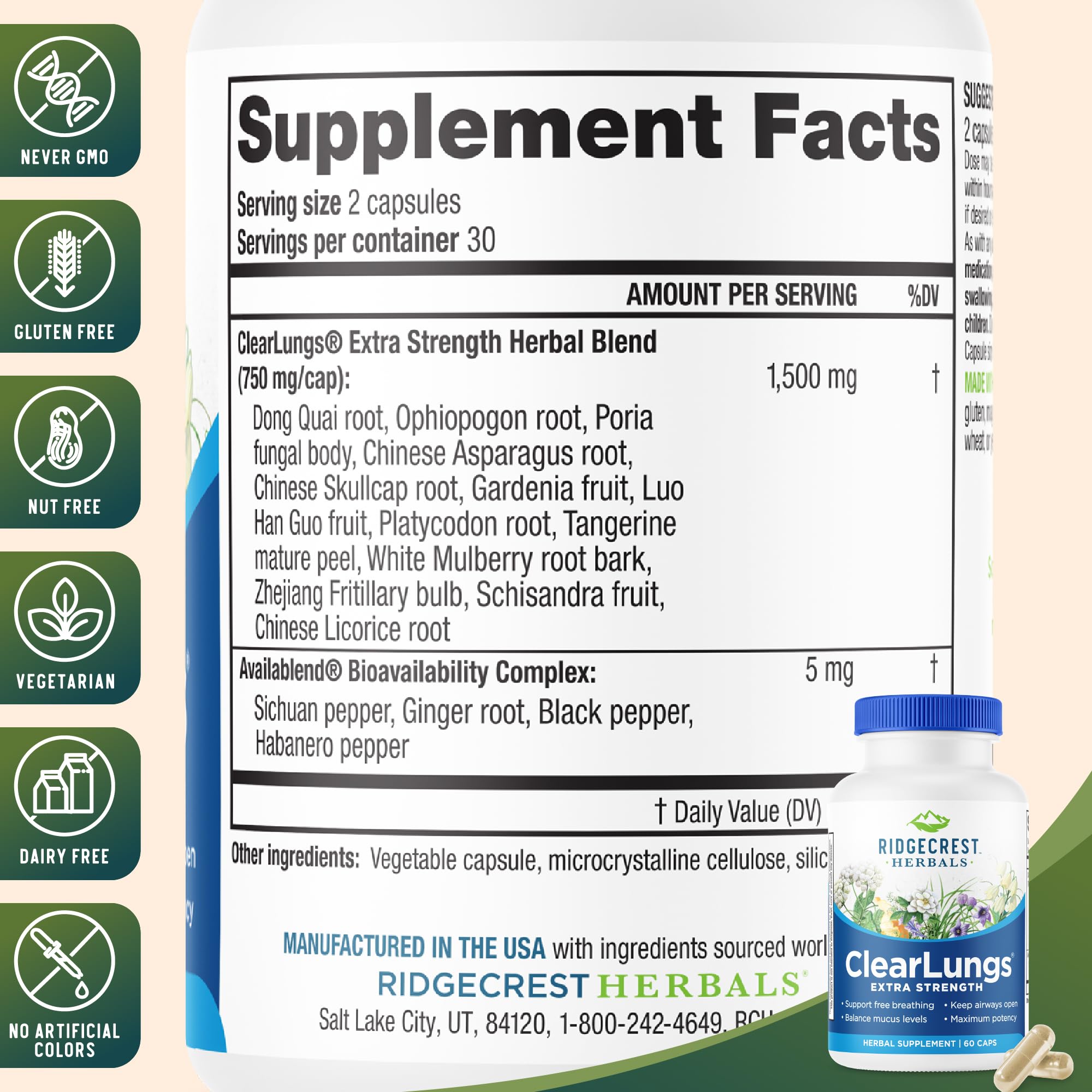 Etiqueta de RidgeCrest ClearLungs con ingredientes, tranquilidad informada