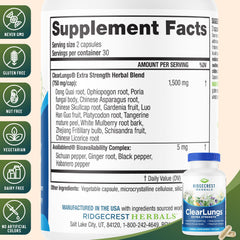 Etiqueta de RidgeCrest ClearLungs con ingredientes, tranquilidad informada